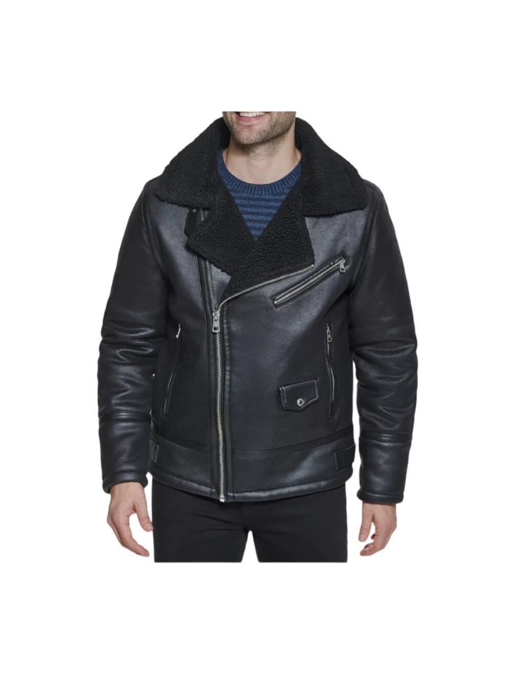 Calvin Klein Black Faux Shearling Motorcycle Jacket NWT Size M